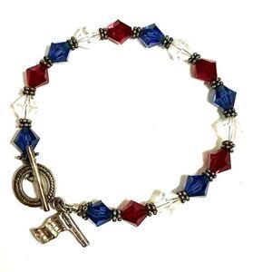 Sterling silver Patriotic Red White Blue Crystal Beaded Bracelet